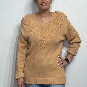 Forenza Tan Cable Knit Vintage V-Neck Sweater Sz L